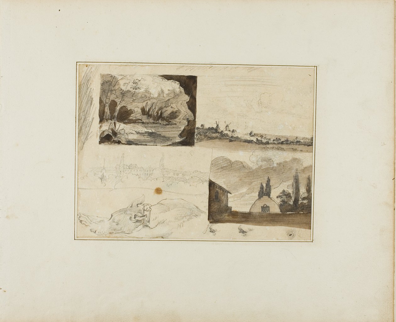 Folha de esboços: Quatro paisagens e um galgo de Jean Louis André Théodore Géricault