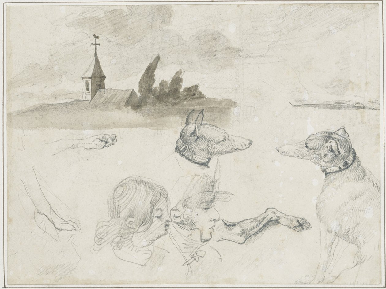 Folha de esboços: Galgos; uma cabeça de macho e uma cabeça de fêmea em de Jean Louis André Théodore Géricault
