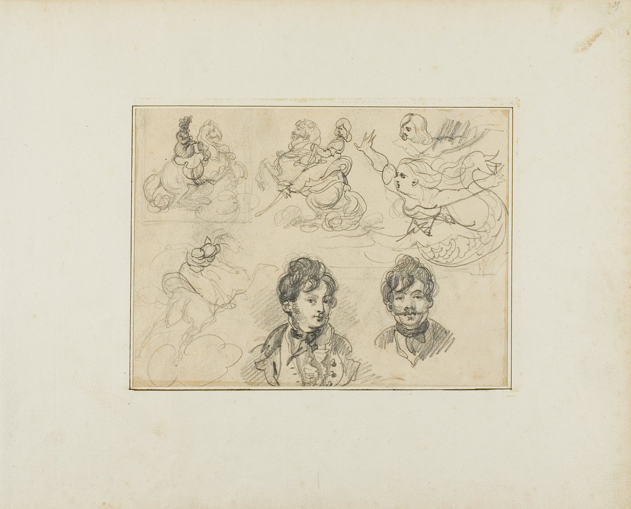 Folha de esboços: Cavaleiros, Sereias e Dois Retratos de Homens Jovens de Jean Louis André Théodore Géricault