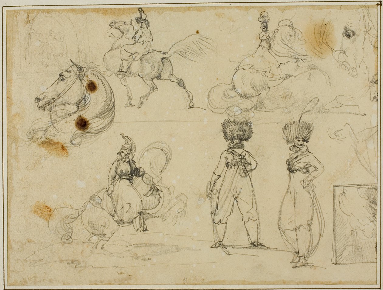 Folha de esboços: Soldados, cavalos e uma paisagem de Jean Louis André Théodore Géricault