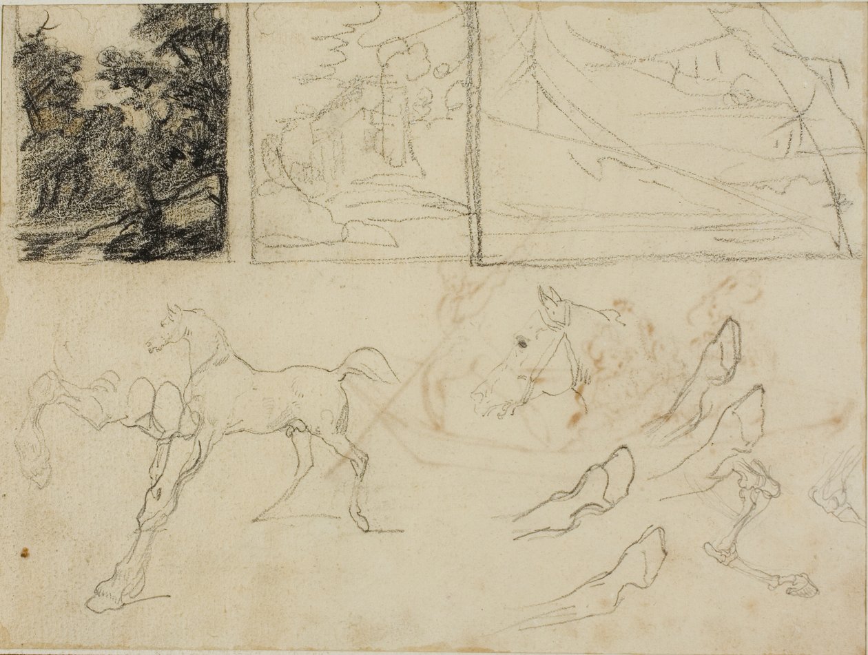 Folha de esboços: três paisagens, cavalos e cascos de Jean Louis André Théodore Géricault