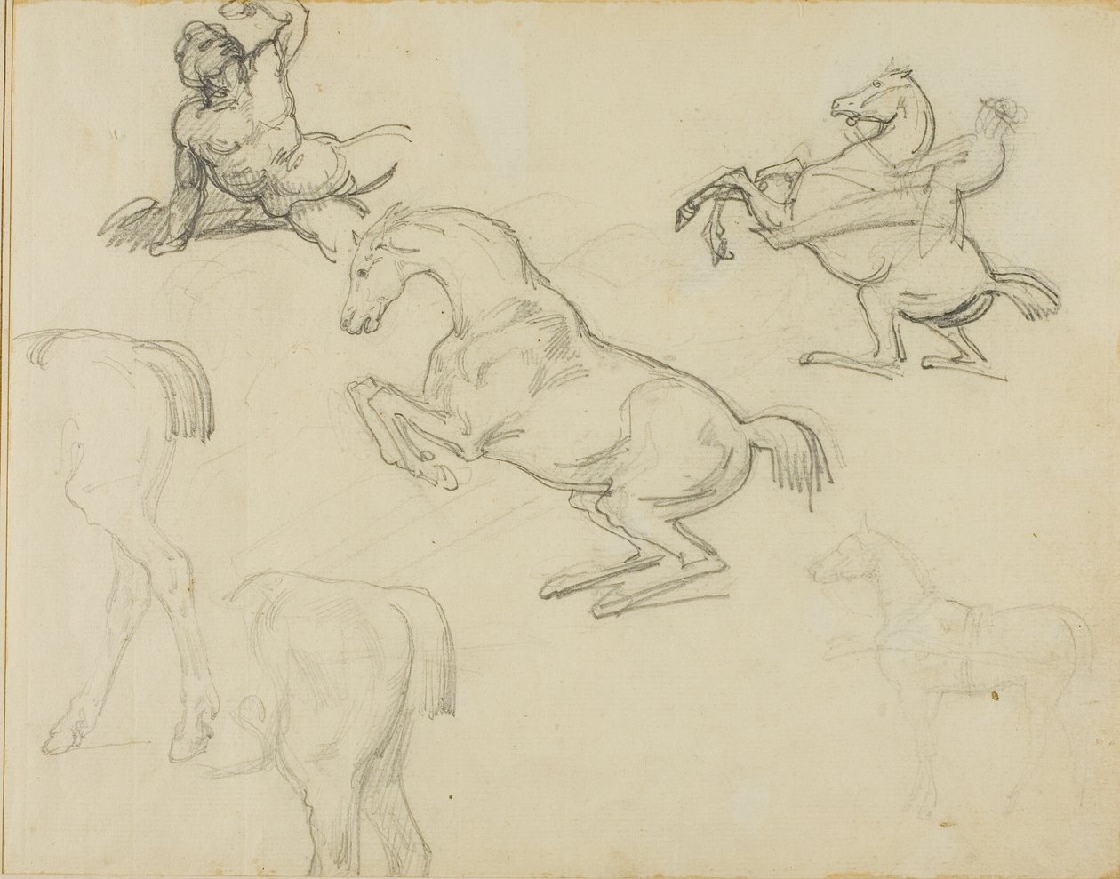 Esboços: Nu reclinado, um cavaleiro e vários cavalos de Jean Louis André Théodore Géricault