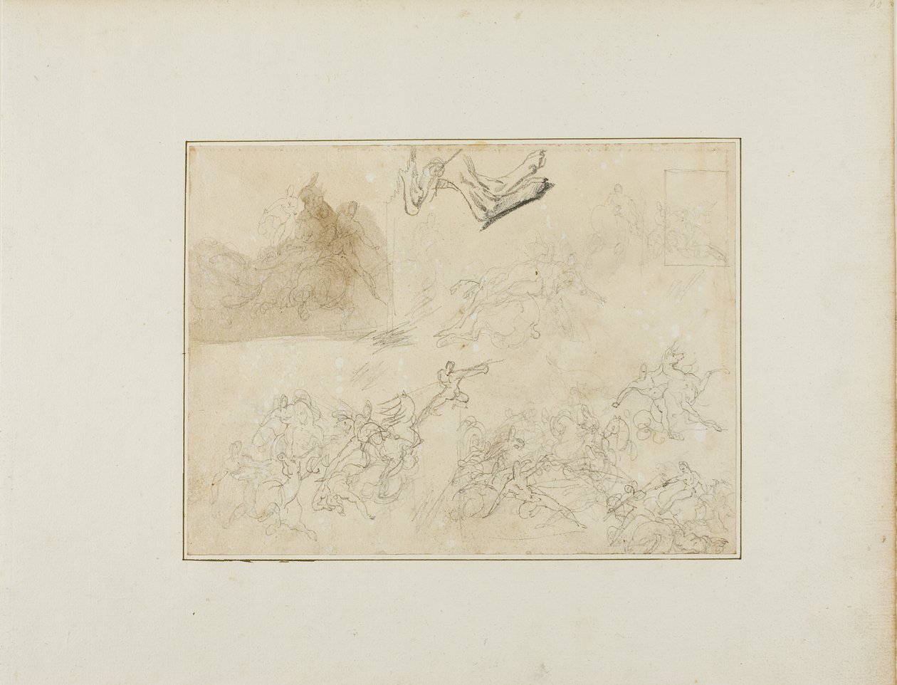 Esboços para uma batalha de cavalaria; as patas traseiras de um cão de Jean Louis André Théodore Géricault