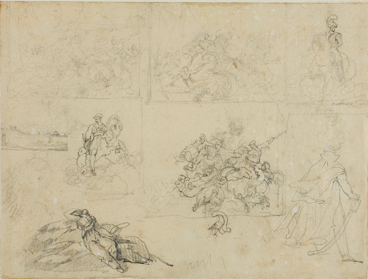 Esboços de uma batalha de cavalaria, soldados e uma paisagem de Jean Louis André Théodore Géricault