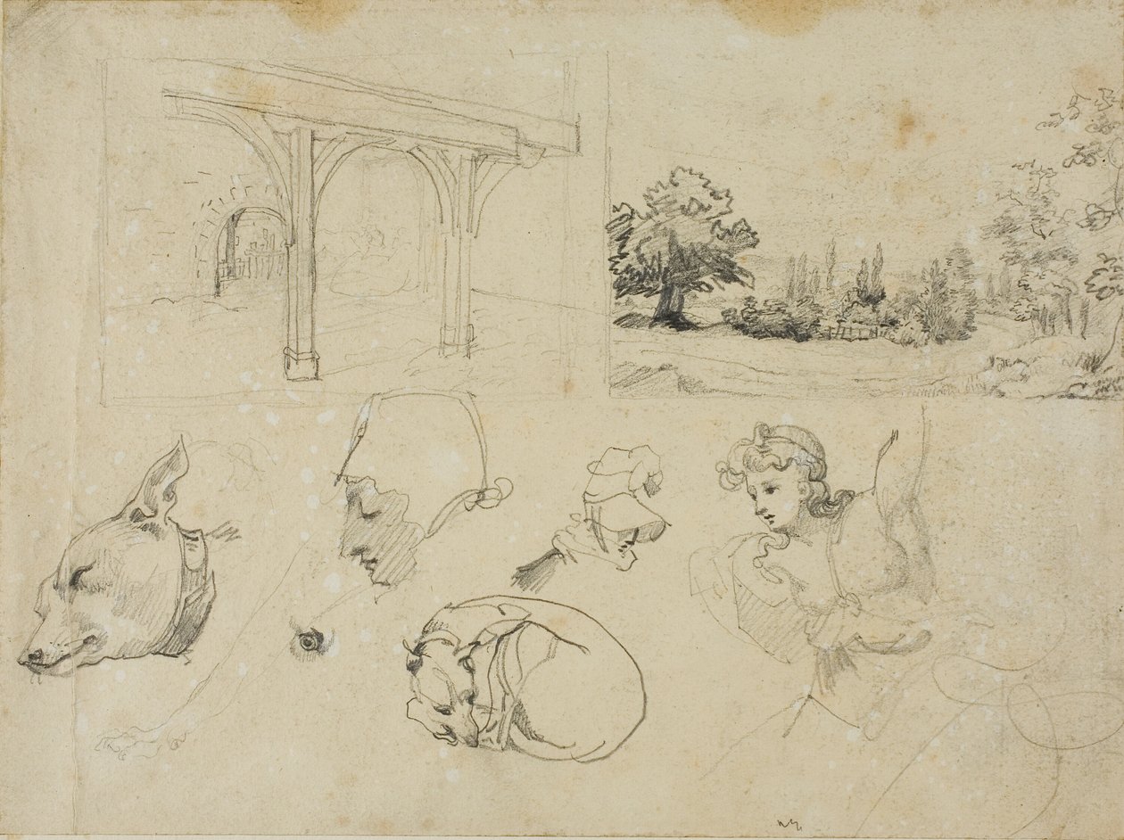 Esboços de um barracão, uma paisagem, cães e várias figuras de Jean Louis André Théodore Géricault