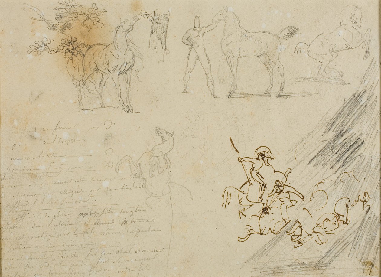 Esboços de cavalos, noivo a segurar o cavalo, uma batalha de cavalaria de Jean Louis André Théodore Géricault
