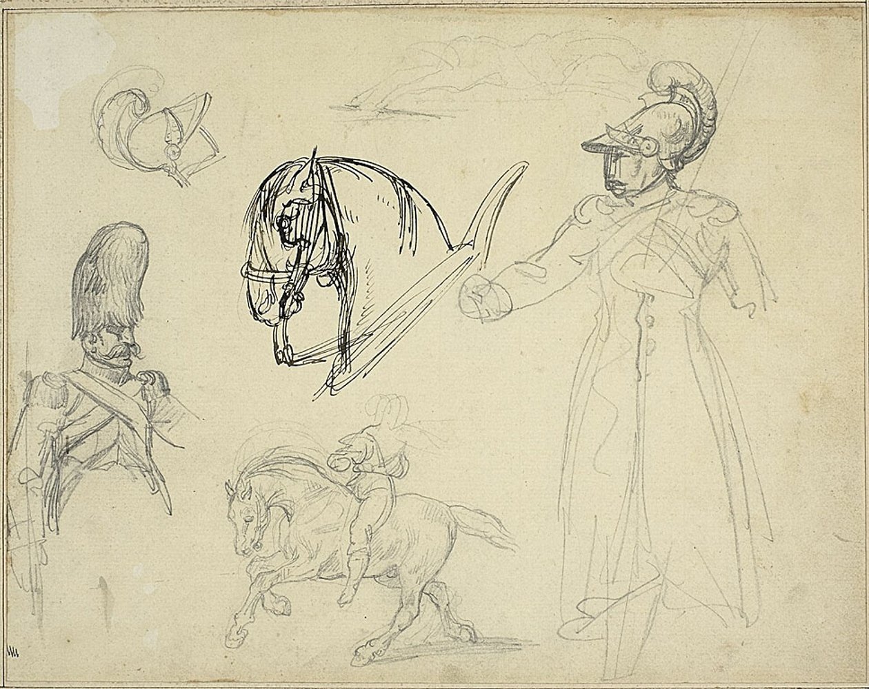 Esboços de cavalos e soldados de Jean Louis André Théodore Géricault