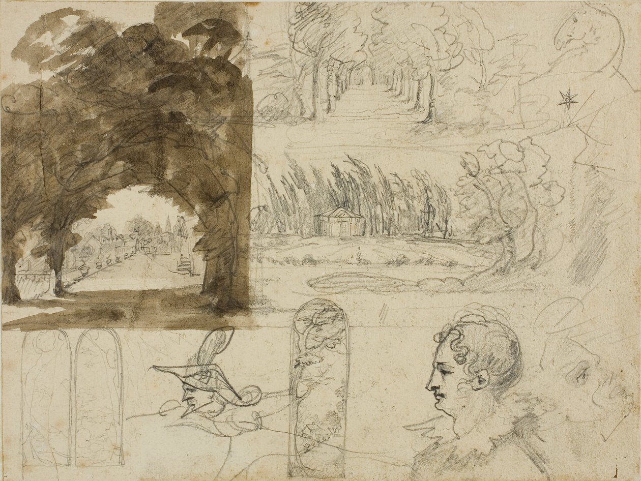 Esboços de vistas de parques, cabeças, um cavalo de Jean Louis André Théodore Géricault