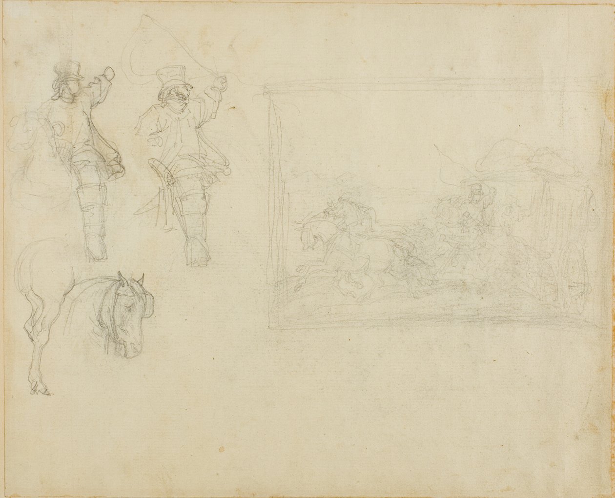 Esboços de postilhões e de uma diligência de Jean Louis André Théodore Géricault
