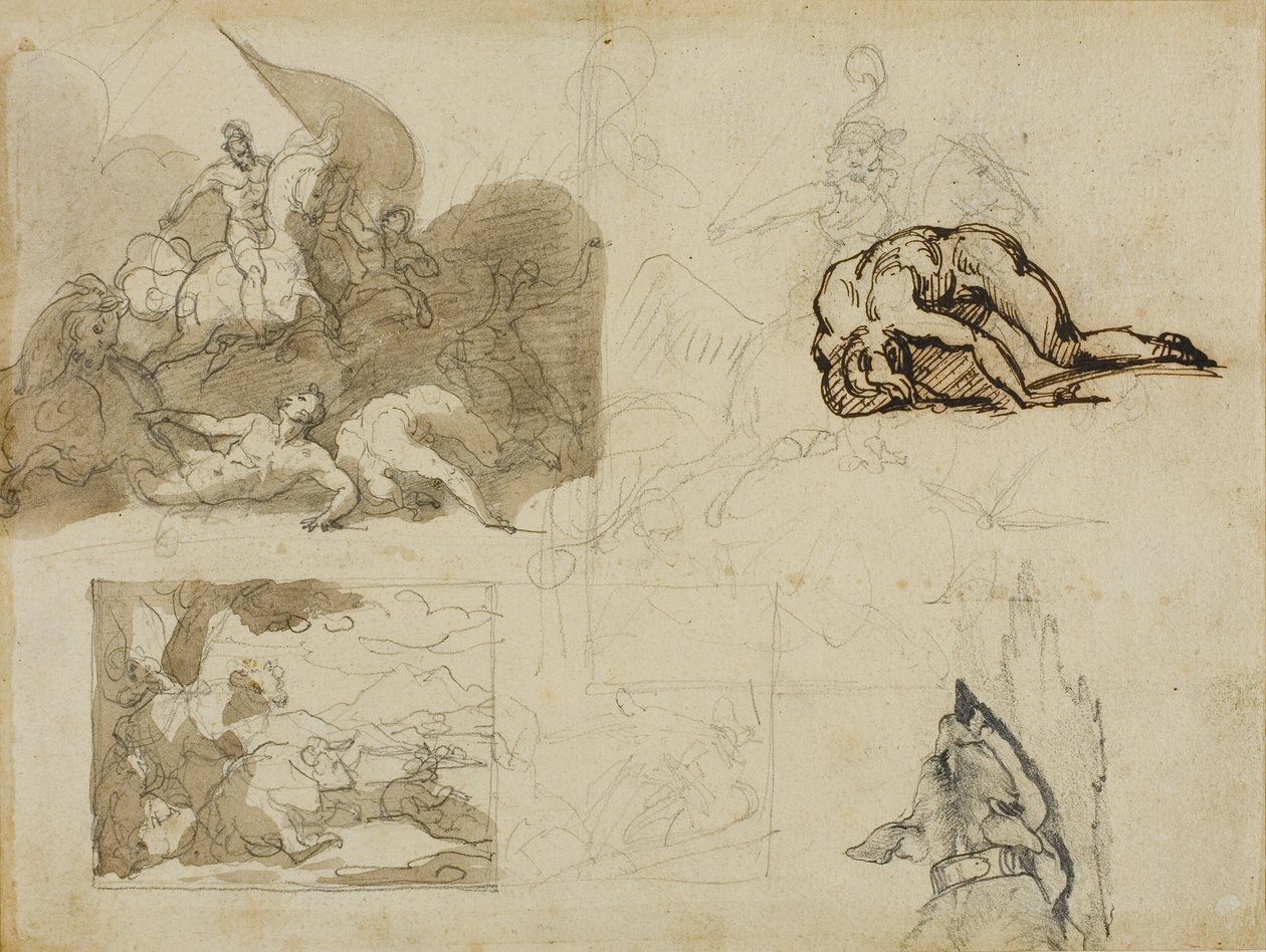Esboços de uma batalha de cavalaria, uma paisagem com vacas e outras composições de Jean Louis André Théodore Géricault