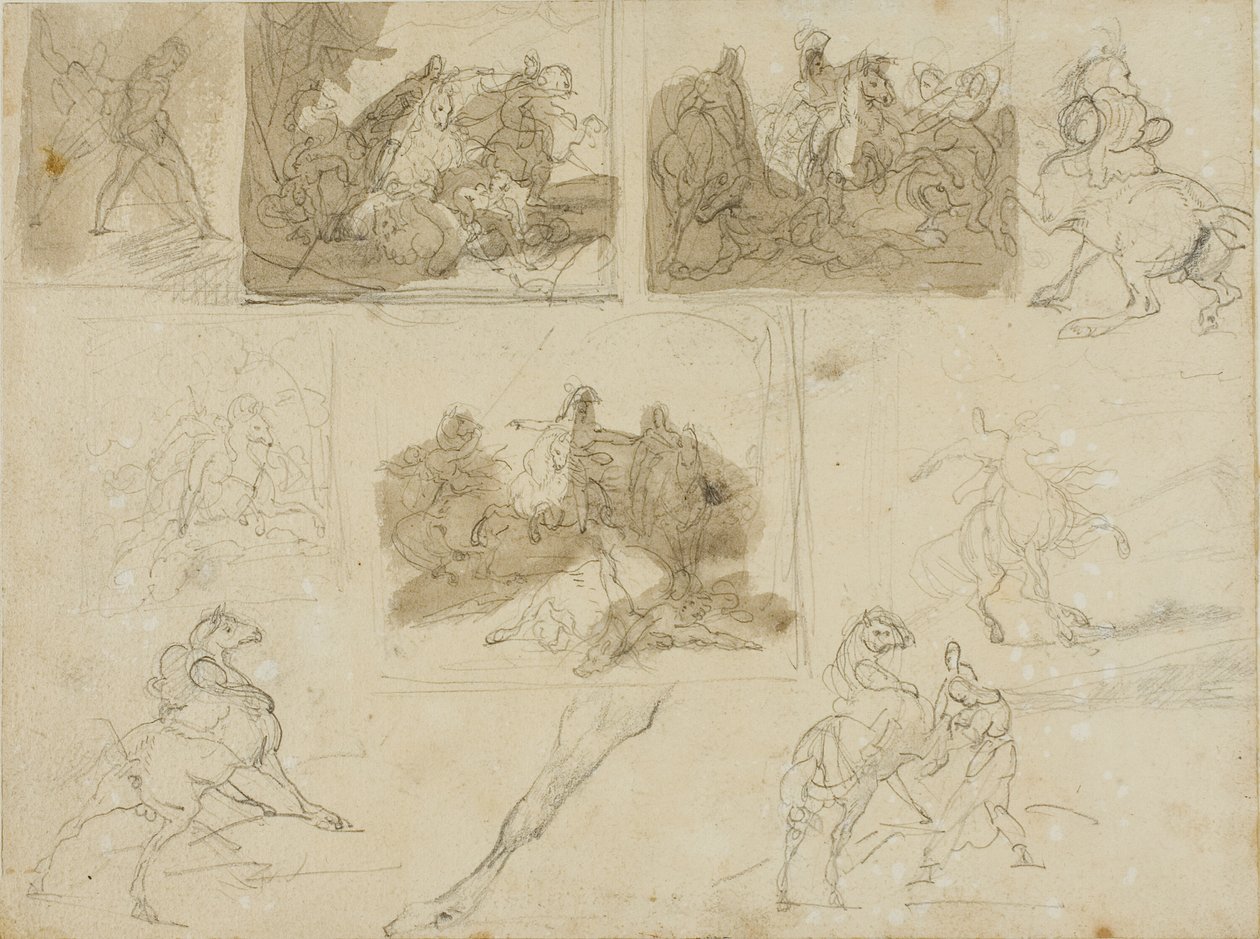 Esboços de uma batalha de cavalaria e estudos de um cavalo de tração de Jean Louis André Théodore Géricault