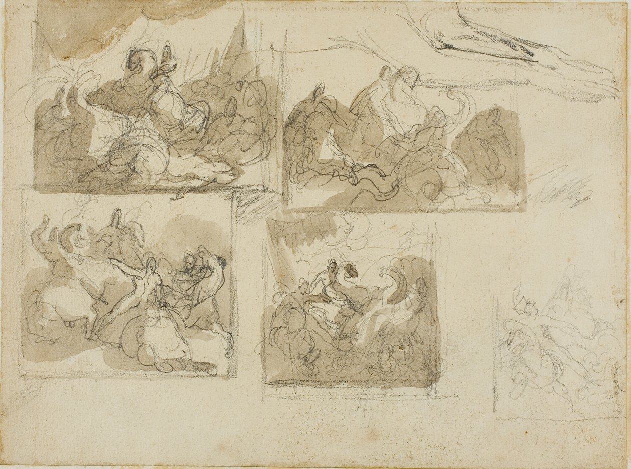 Esboços de uma batalha de cavalaria e as patas dianteiras de um cão de Jean Louis André Théodore Géricault