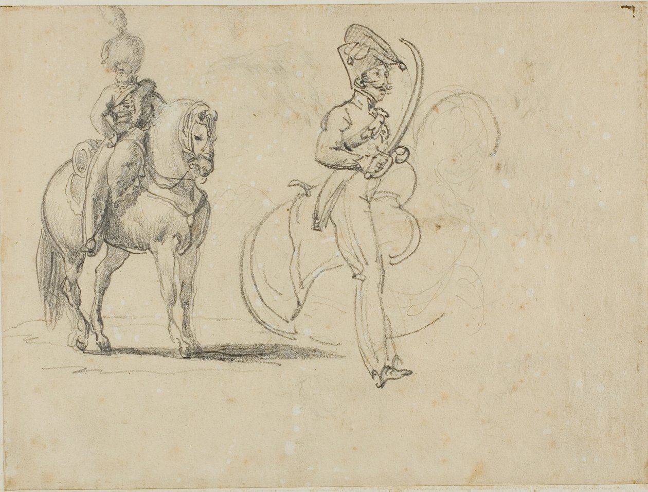 Esboços de um Chasseru Montado e de um Oficial de Cavalaria com Sabre Desenhado de Jean Louis André Théodore Géricault