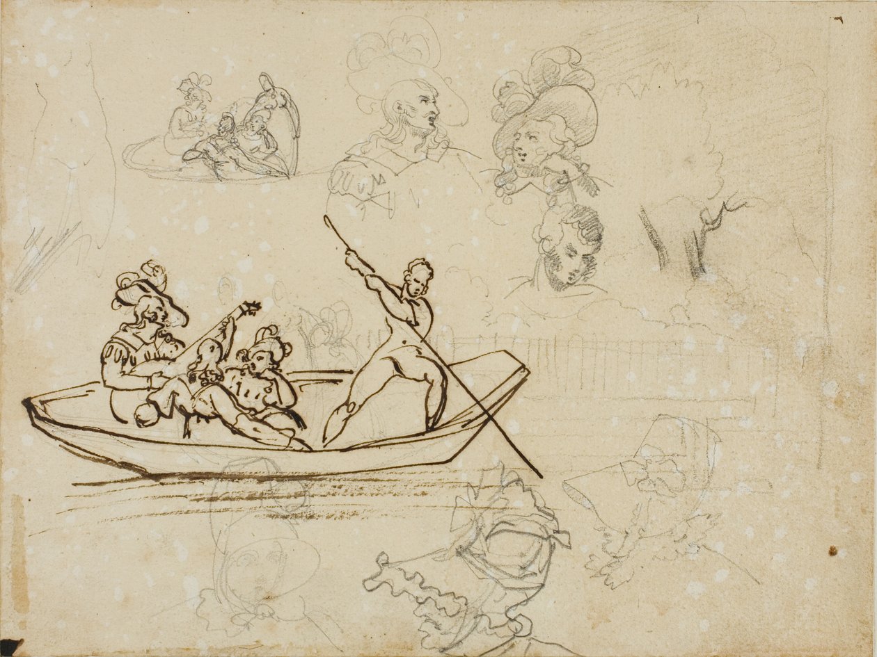 Esboços de uma festa musical num barco e de uma mulher que usa um chapéu alto de Jean Louis André Théodore Géricault