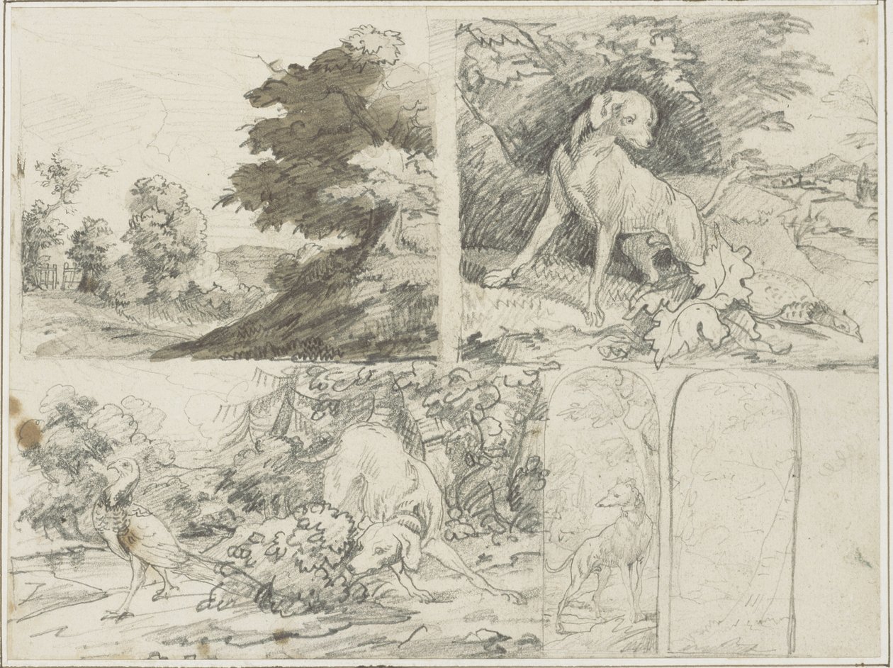 Esboços de um sítio arborizado, cães e faisões na paisagem de Jean Louis André Théodore Géricault