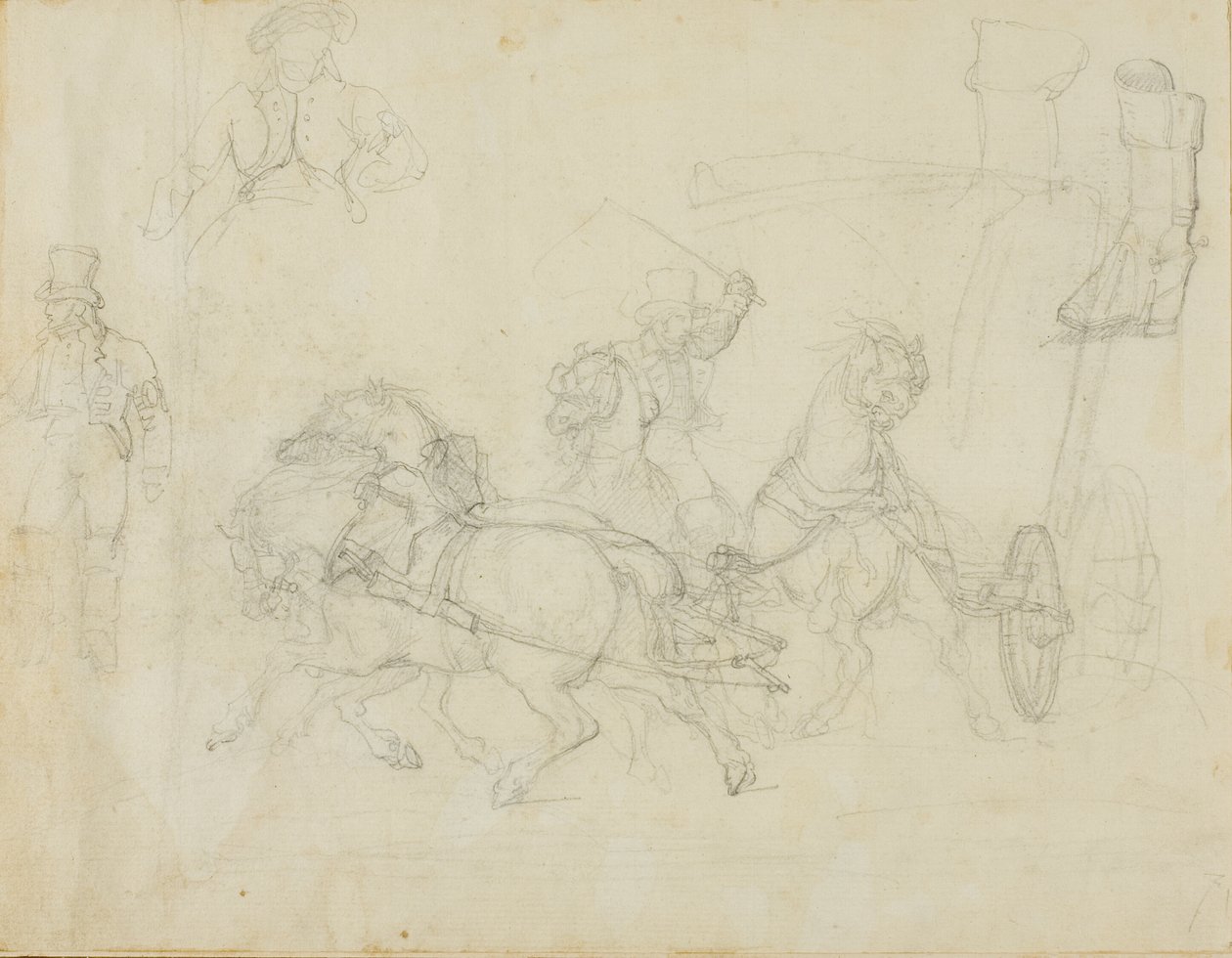 Carruagem puxada por cinco cavalos e outros esboços de Jean Louis André Théodore Géricault