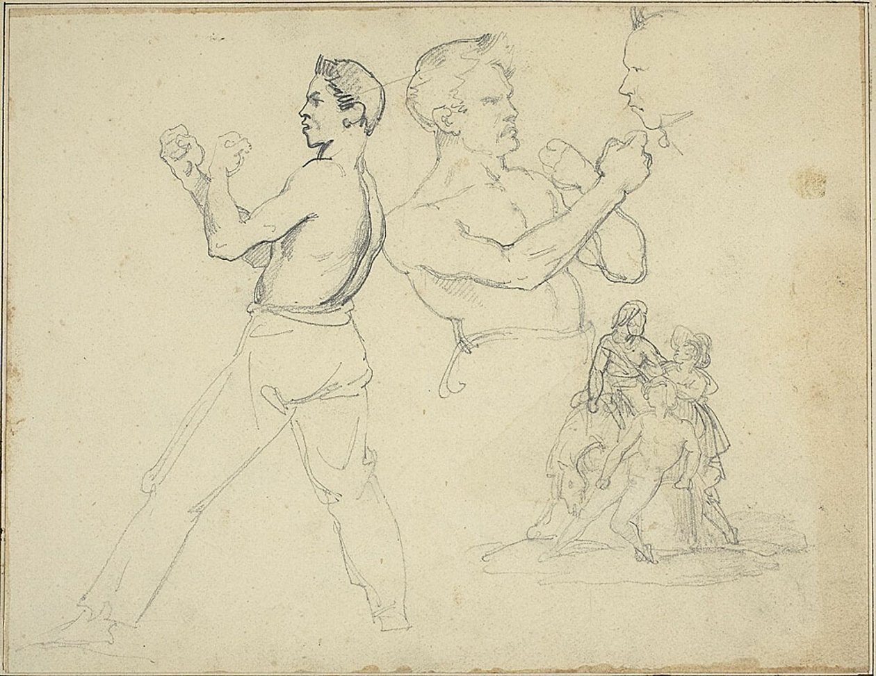 Estudos de pugilistas e esboço de um cavaleiro assistido por duas figuras de Jean Louis André Théodore Géricault