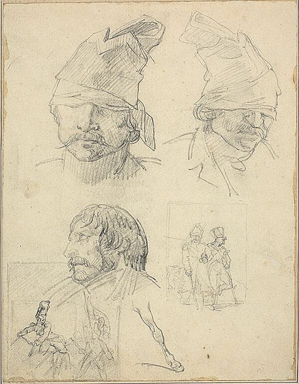 Estudos de cabeça e dois estudos de composição de Jean Louis André Théodore Géricault