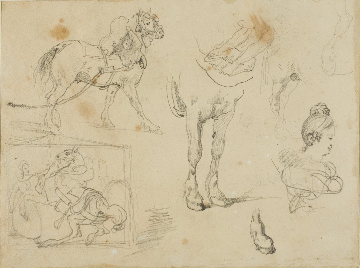 Estudos de um cavalo de tração, de um ferreiro e de uma mulher jovem de Jean Louis André Théodore Géricault