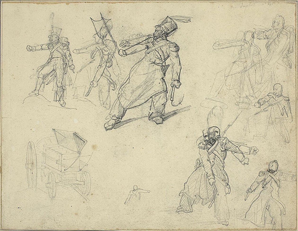 Estudos de um granadeiro e de um carrinho de munições de Jean Louis André Théodore Géricault