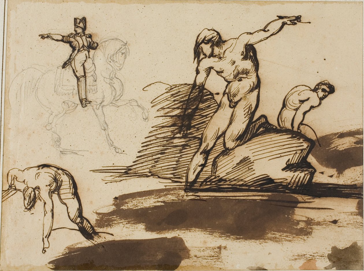 Estudo de Napoleão a cavalo com esboços de nus entre rochas de Jean Louis André Théodore Géricault