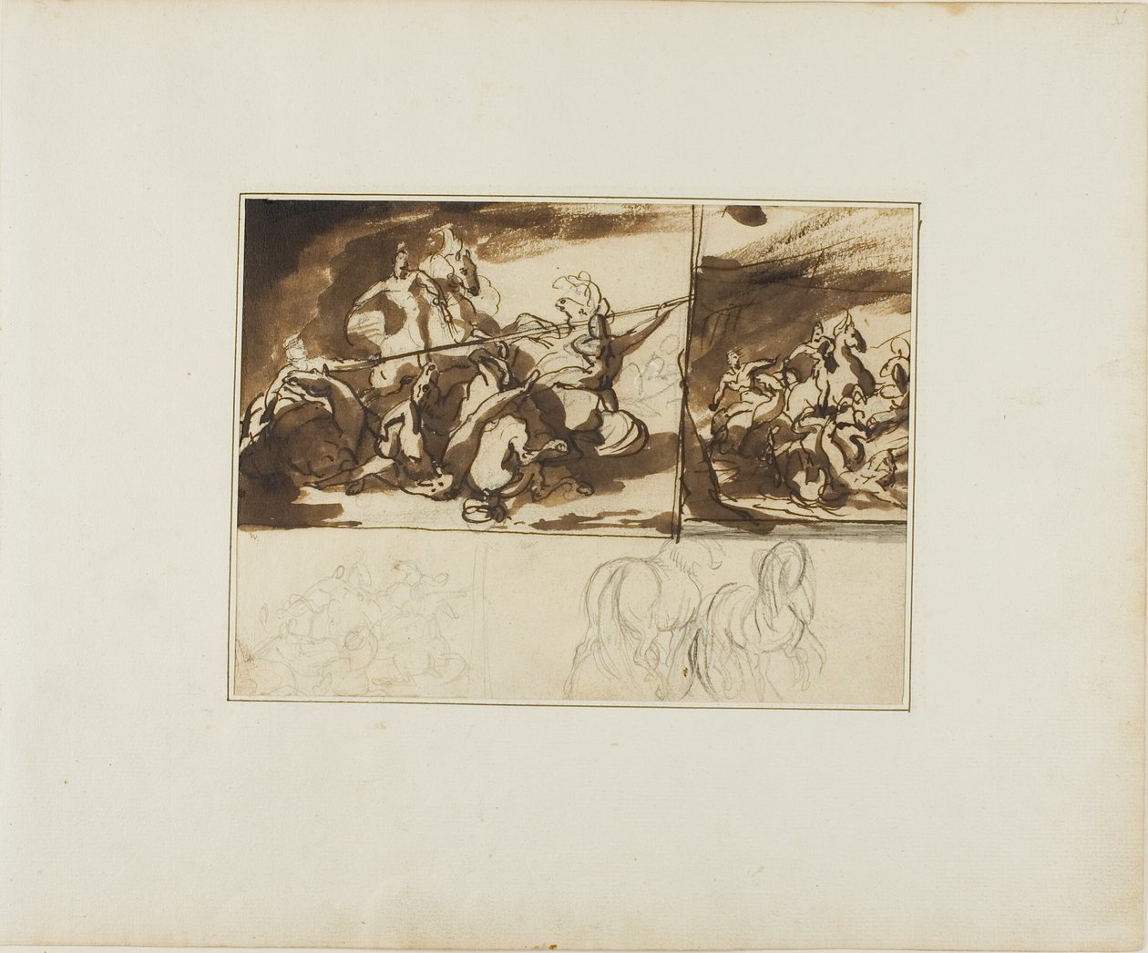 Três esboços de uma batalha equestre e um esboço de duas de Jean Louis André Théodore Géricault