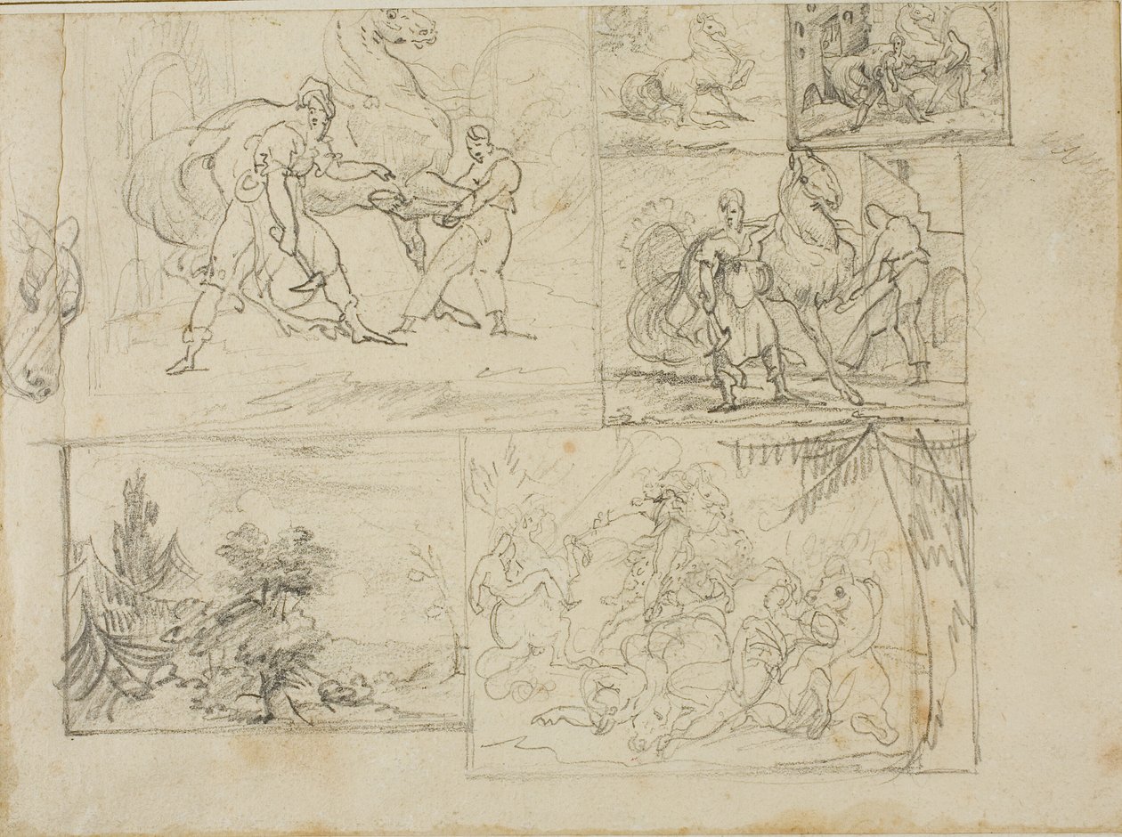 Três estudos com esboços de uma paisagem arborizada e de um combate de cavalaria de Jean Louis André Théodore Géricault