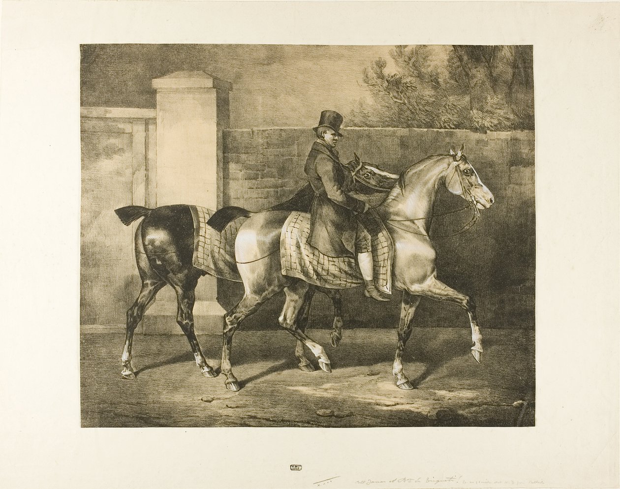 Dois Cavalos Passeados por um Jockey de Jean Louis André Théodore Géricault