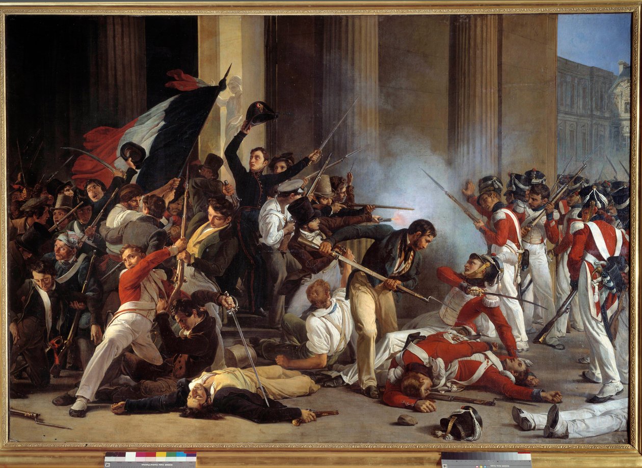 Revolução de 1830: "During the Three Glorieuses, prise du louvre le 29/07/1830 et massacre des guards swiss" Pintura de Jean Louis Bezard (1799-apres 1861) 1830 Sol. 1,76 x 2,45 m Paris, musee Carnavalet - Revolução de 1830: "Tomada do Louvre a de Jean Louis Bezard
