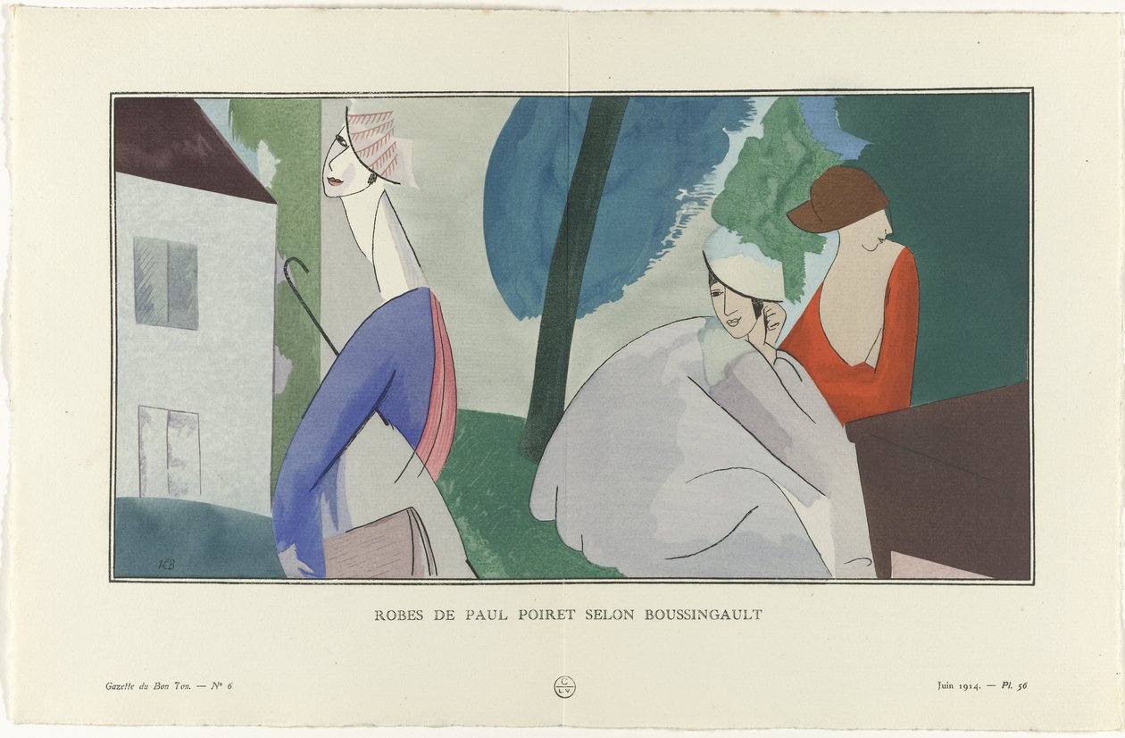 Gazette du Bon Ton, 1914 - No. 6, Pl. 56: Vestidos de Paul Poiret de acordo com Boussingault (título sobre o objecto) de Jean Louis Boussingault