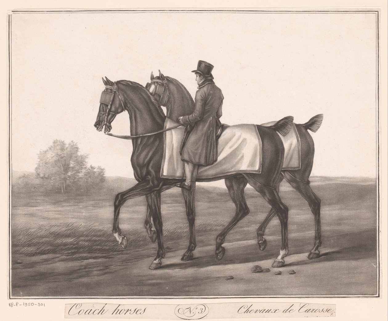 Cavaleiro acompanha dois cavalos Chevaux de Carosse (título no objeto) de Jean Louis Darcis (attributed to)