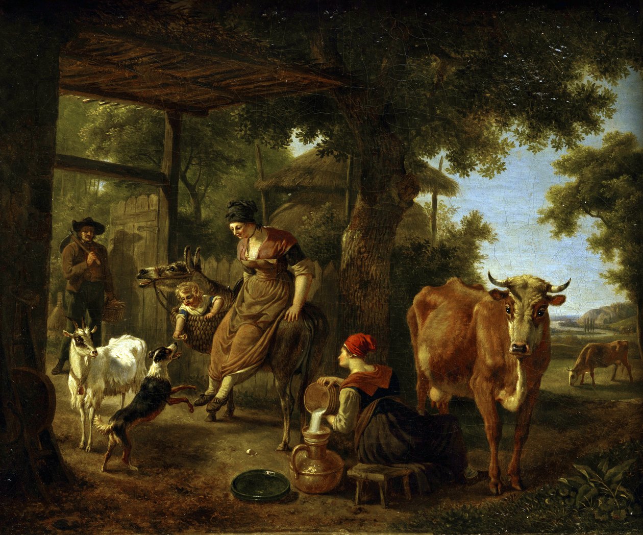 Na quinta. Uma cena da vida rural por Demarne, Jean-Louis (Jean Louis de Marne ou de Marnette) (ca. 1752-1829). Óleo sobre tela, Segunda metade do século XVIII, Museu de Arte Estadual A. Radishchev, Saratov de Jean Louis Demarne