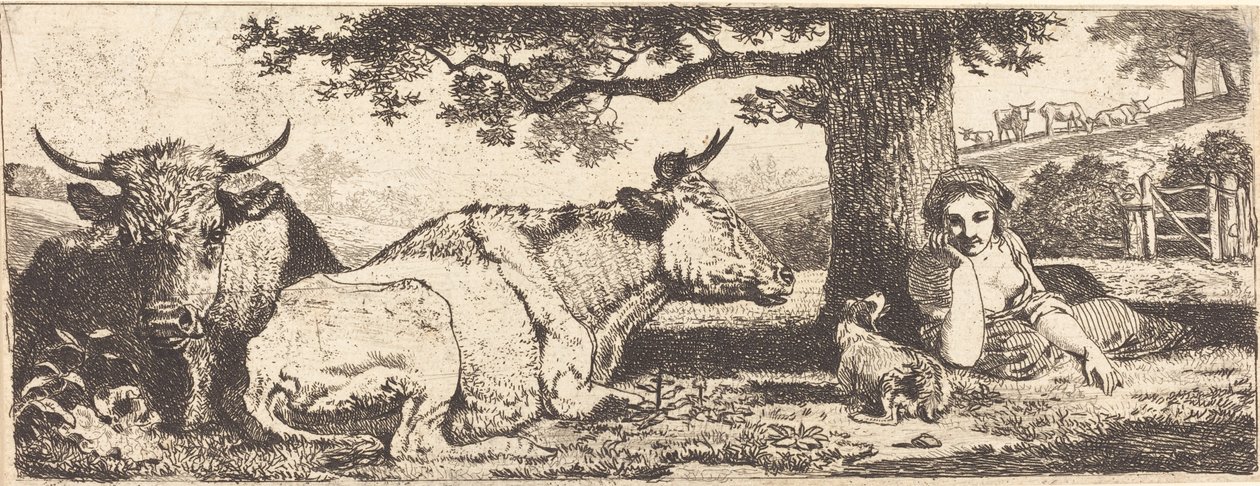 Duas vacas e uma mulher deitada de Jean Louis Demarne