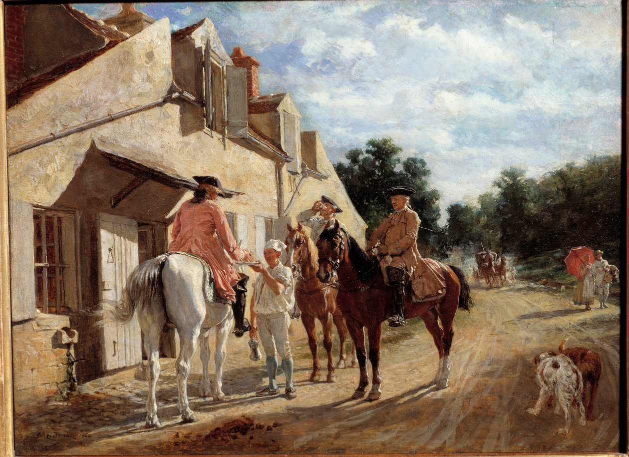 Au Tourne-bride, também conhecida como Tournebride en bois de Saint-Germain Horsemen, faz uma pausa em um revezamento na floresta de Saint Germain en Laye. Pintura de Jean-Louis-Ernest Meissonier (1815-1891) 1860. Sol 0,17x0,23 m Paris, musee d
