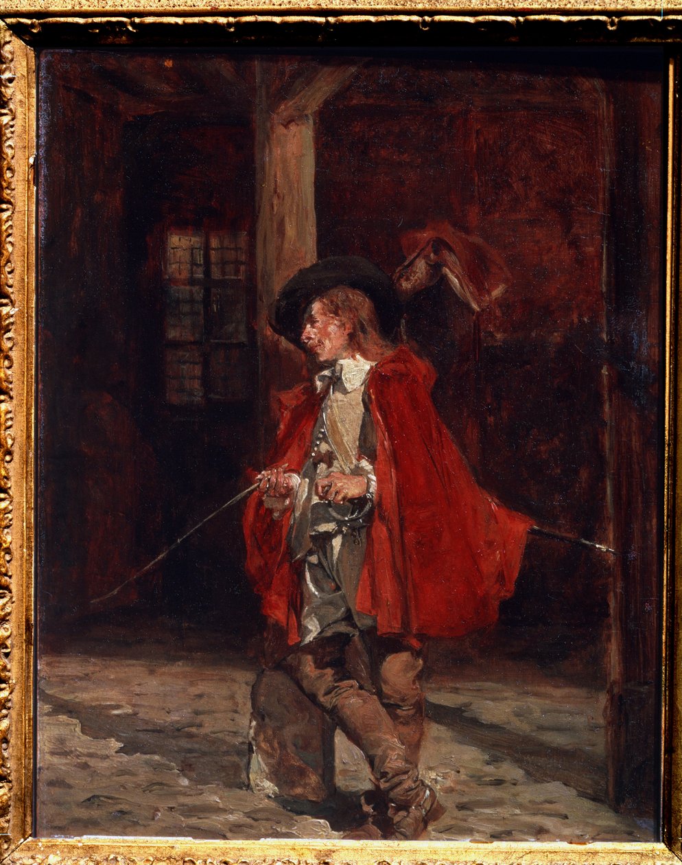 "" Le swashbuckler em um manto vermelho "" (Swashbuckler em um manto vermelho) representação de um mosqueteiro, amante de duelos de espadas, inclinando-se indiferente contra um poste. Pintura de Ernest Jean Louis Meisonier (1815-1891) Museu Pushkin do sécu de Jean Louis Ernest Meissonier