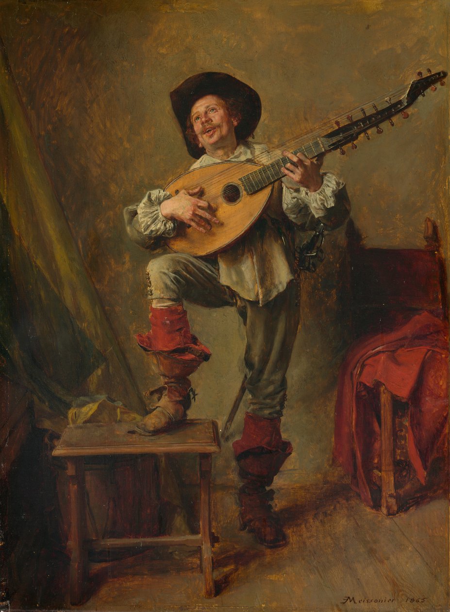 Soldado a tocar o Theorbo, 1865. de Jean Louis Ernest Meissonier