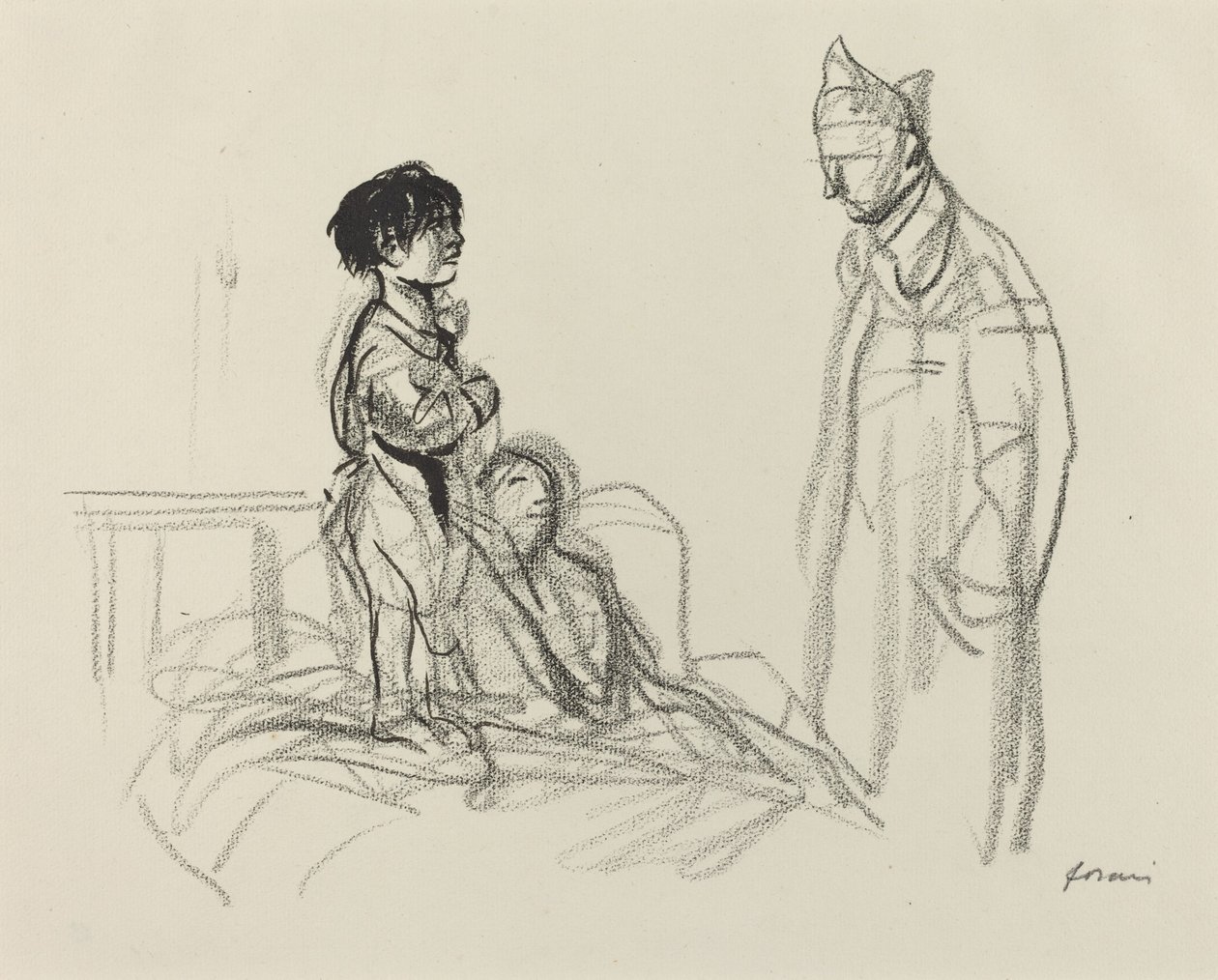 Mãe e filho visitados por soldado no hospital, c. 19141919. de Jean Louis Forain