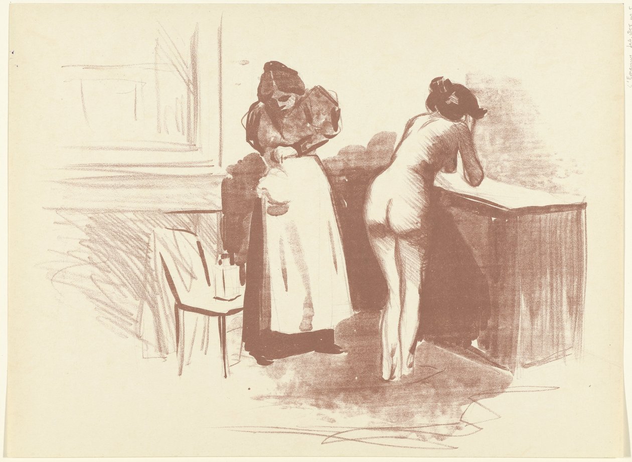 A mulher nua lava e a criada fica ao seu lado
Croquis
La Friction au gant de crin
L