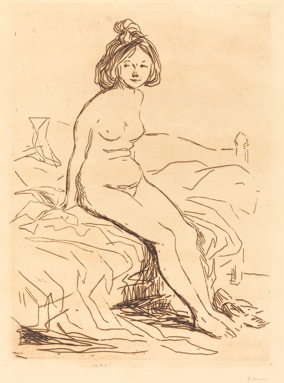 Mulher nua, sentada em sua cama, vista frontal de Jean Louis Forain