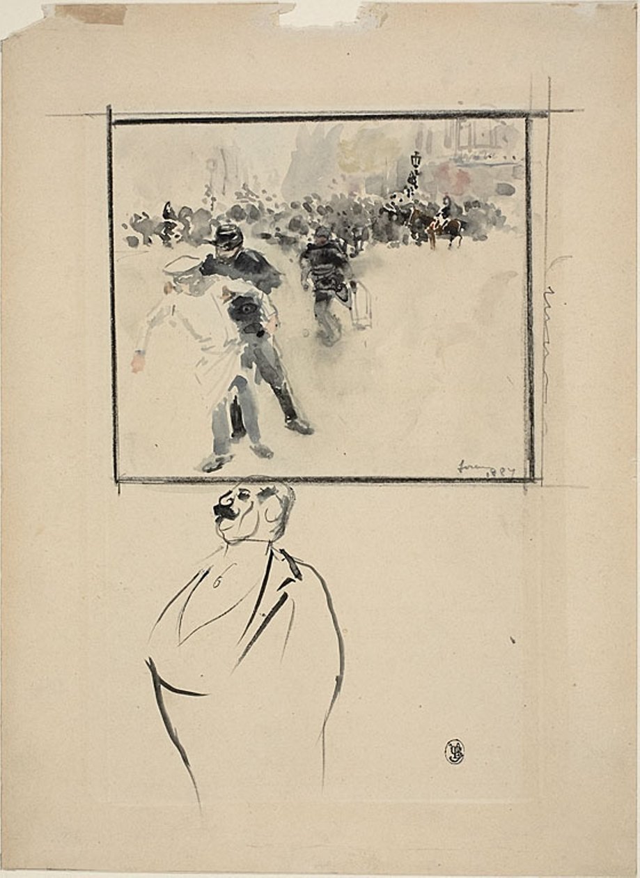 Esboços de uma cena de motim emoldurada e de um homem (reto); Mulher com um gorro (verso) de Jean Louis Forain