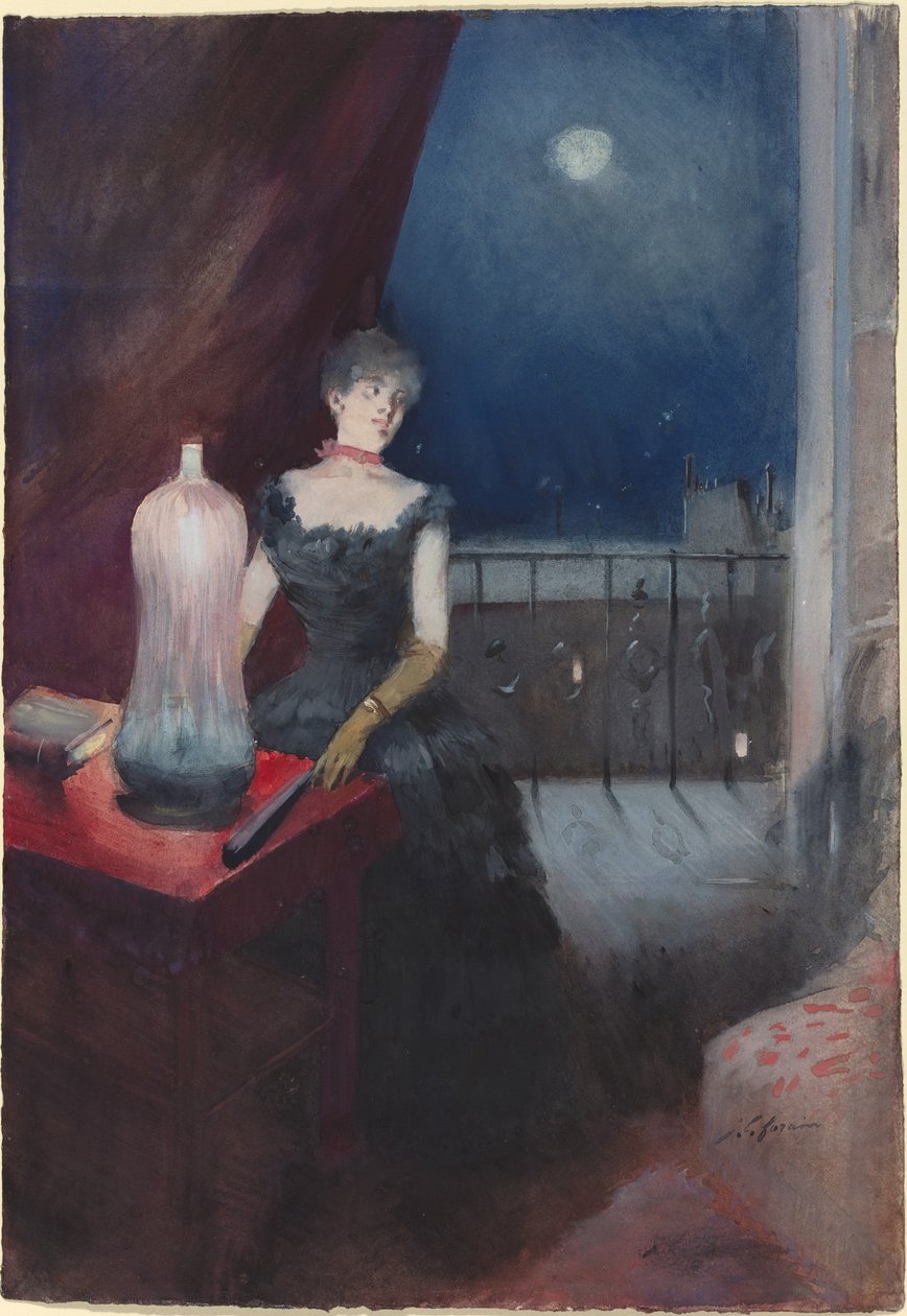 Mulher em pé com um ventilador de Jean Louis Forain