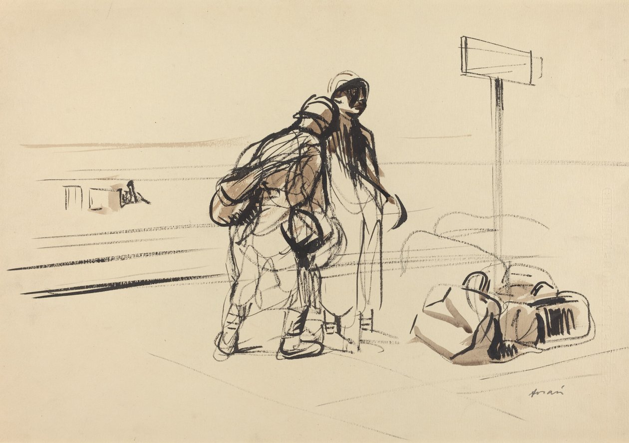 Dois soldados franceses perto de um Quadro de Avisos, c. 19141919. de Jean Louis Forain