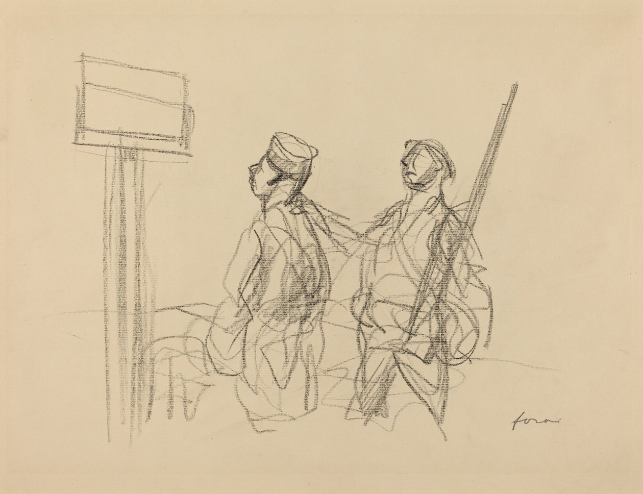 Dois soldados olhando para um cartaz de Jean Louis Forain