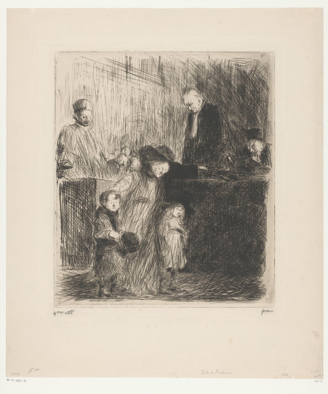 Mulher com dois filhos pequenos que possivelmente saem da sala de audiências de Jean Louis Forain