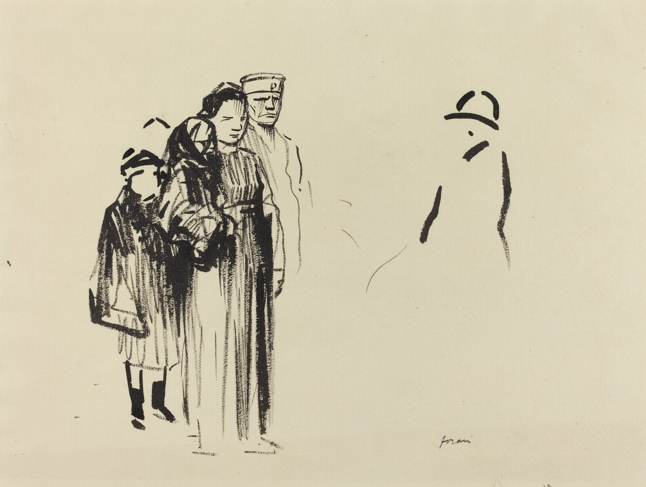 Mulher e duas crianças com soldados alemães, c. 19141919. de Jean Louis Forain