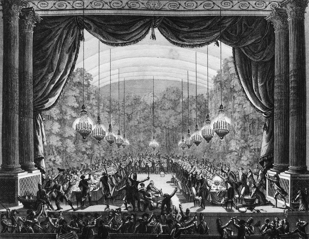 Revolução Francesa: Banquete dos guarda-costas a 1 de Outubro de 1789, na sala de ópera do castelo de Versalhes, para celebrar a chegada dos seus camaradas do regimento da Flandres. Gravação por Berthaut depois de Prior. Paris, Biblioteca do Instituto de de Jean Louis II (after) Prieur