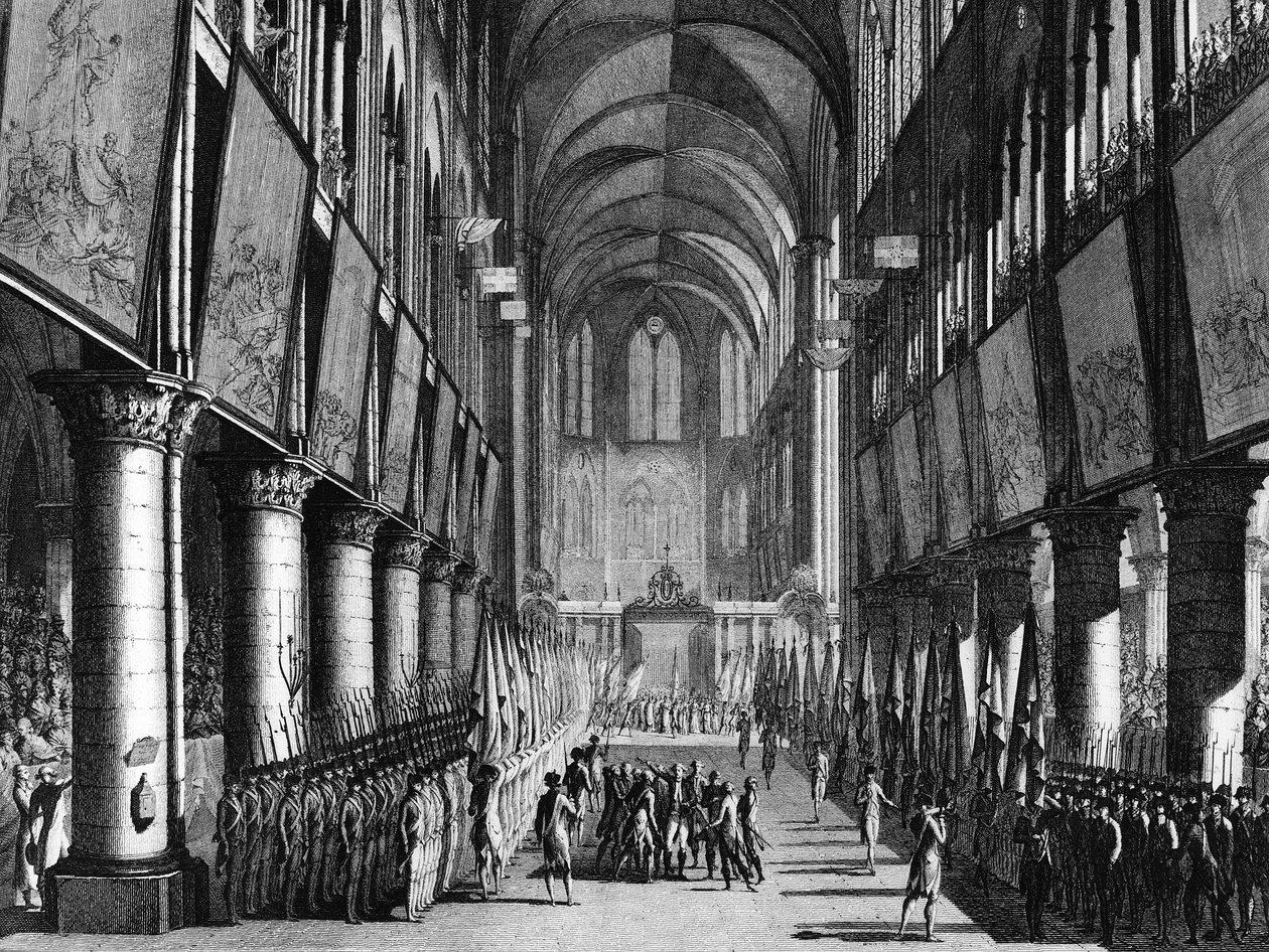 Revolução Francesa: Bênção das bandeiras da Guarda Nacional por Monsenhor Juigne na Igreja de Notre Dame em 27 de setembro de Jean Louis II (after) Prieur
