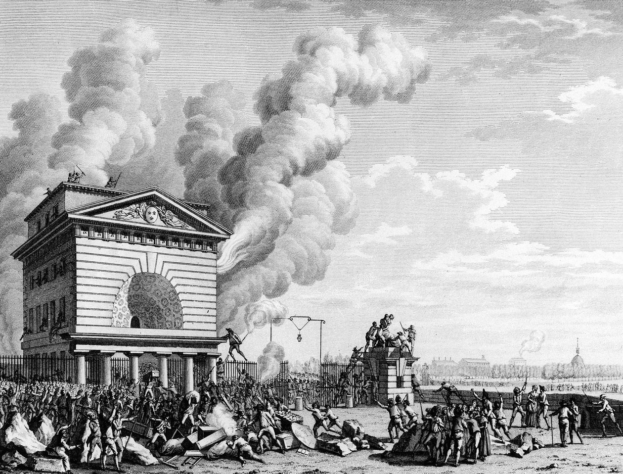 Revolução Francesa: Incêndio da barreira da conferência em Paris, a 12 de Julho de 1789. Gravura de Berthaut depois de Prior. Paris, Bibliotheque of the Institut d