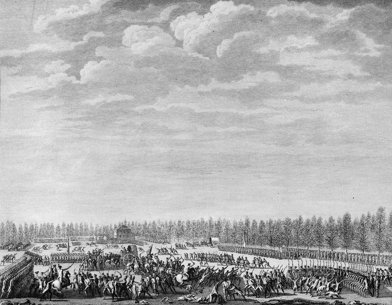 Revolução Francesa: Gilbert du Motier, Marquês de la Fayette (1757-1834) teve duzentos soldados desarmados por indisciplina nos Campos Elíseos em Paris, a 12 de Janeiro de 1790. Gravura de Berthaut depois de Prior. Paris, Biblioteca do Instituto de Históri de Jean Louis II (after) Prieur