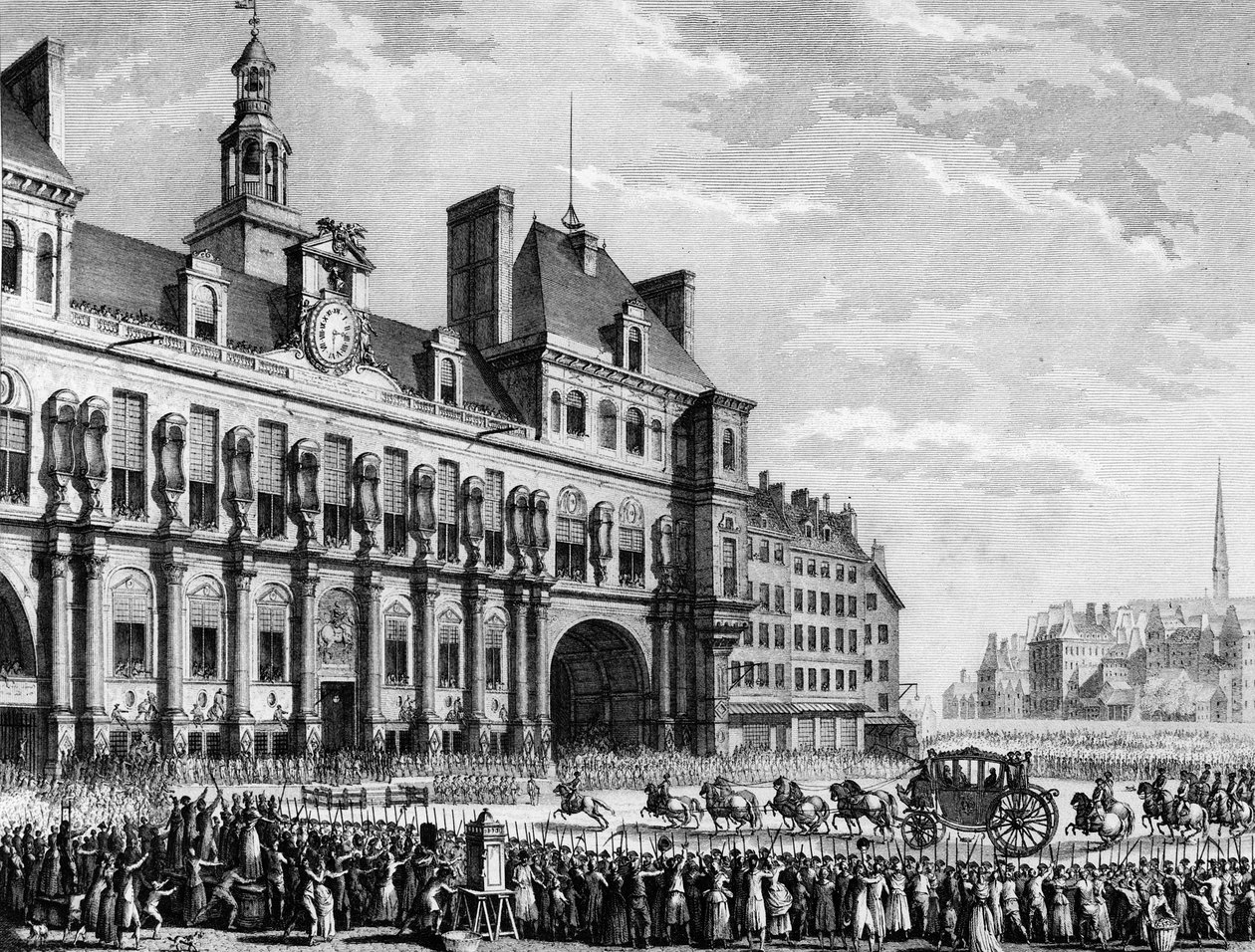 Revolução Francesa: Rei Luís XVI (1754-1793) chegando à prefeitura de Parsi em 17 de julho de Jean Louis II (after) Prieur